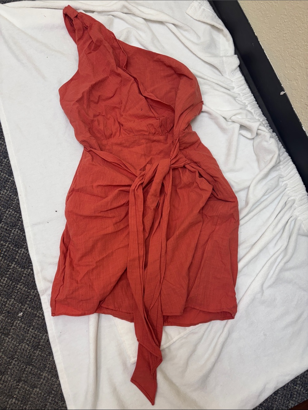One-Shoulder Wrap Mini Dress in Rust